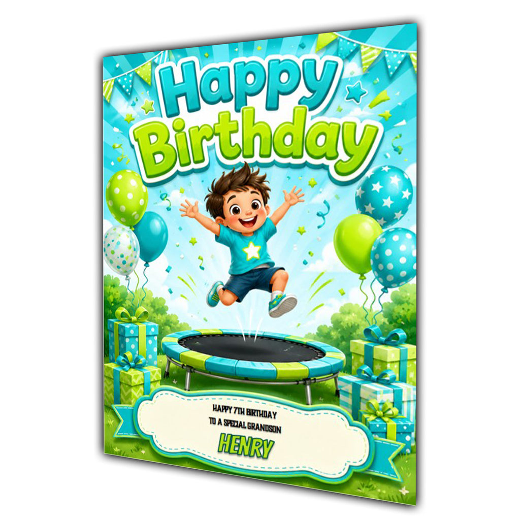 Trampoline Birthday Card Boys Personalised, Son, Grandson, Nephew A5 Size