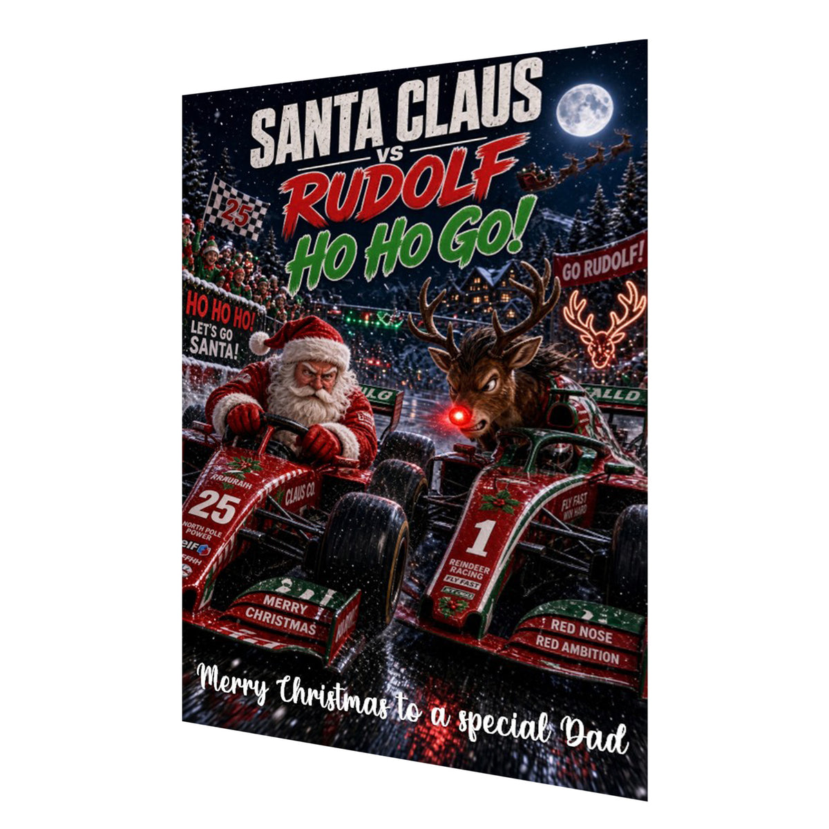 Personalised Christmas Card - Santa and Reindeer Racing Cars
