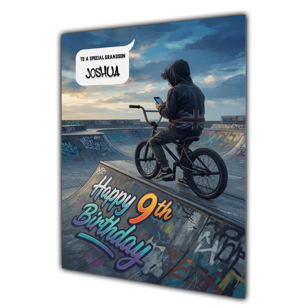 9th Birthday Card for Boys Personalised, Son, Grandson, Bike,  A5 Size