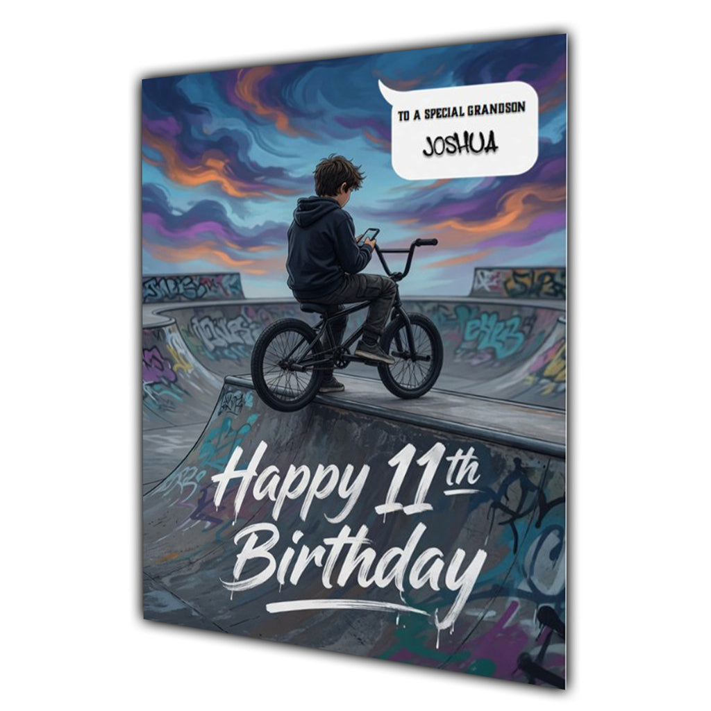 11th Birthday Card for Boys Personalised, Son, Grandson, Bike,  A5 Size
