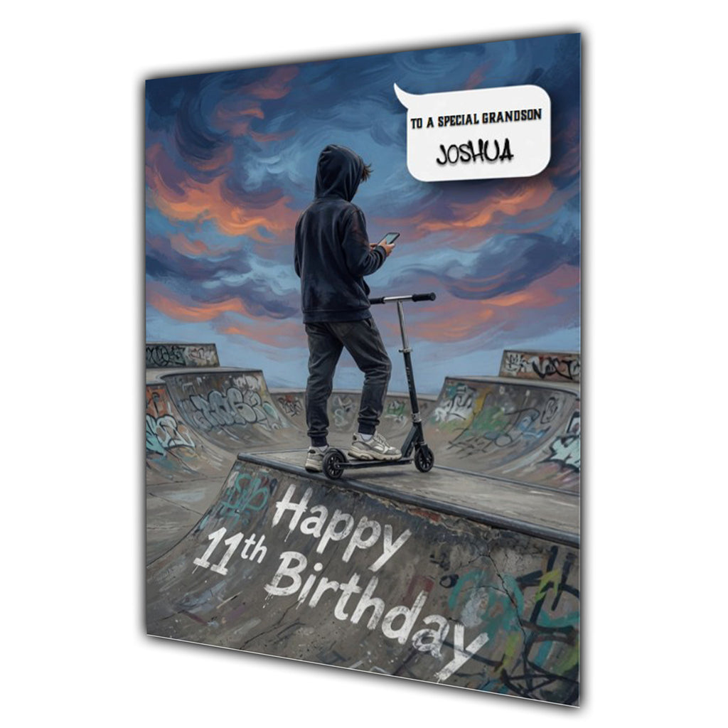 11th Birthday Card for Boys Personalised, Son, Grandson, Scooter,  A5 Size