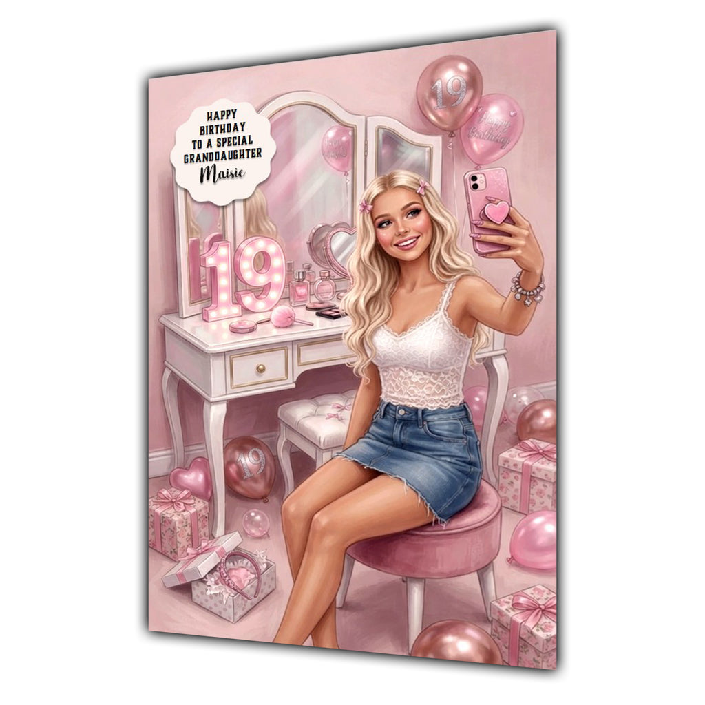 Personalised 19th Birthday Card - Girl at a Dressing Table - Blonde Hair