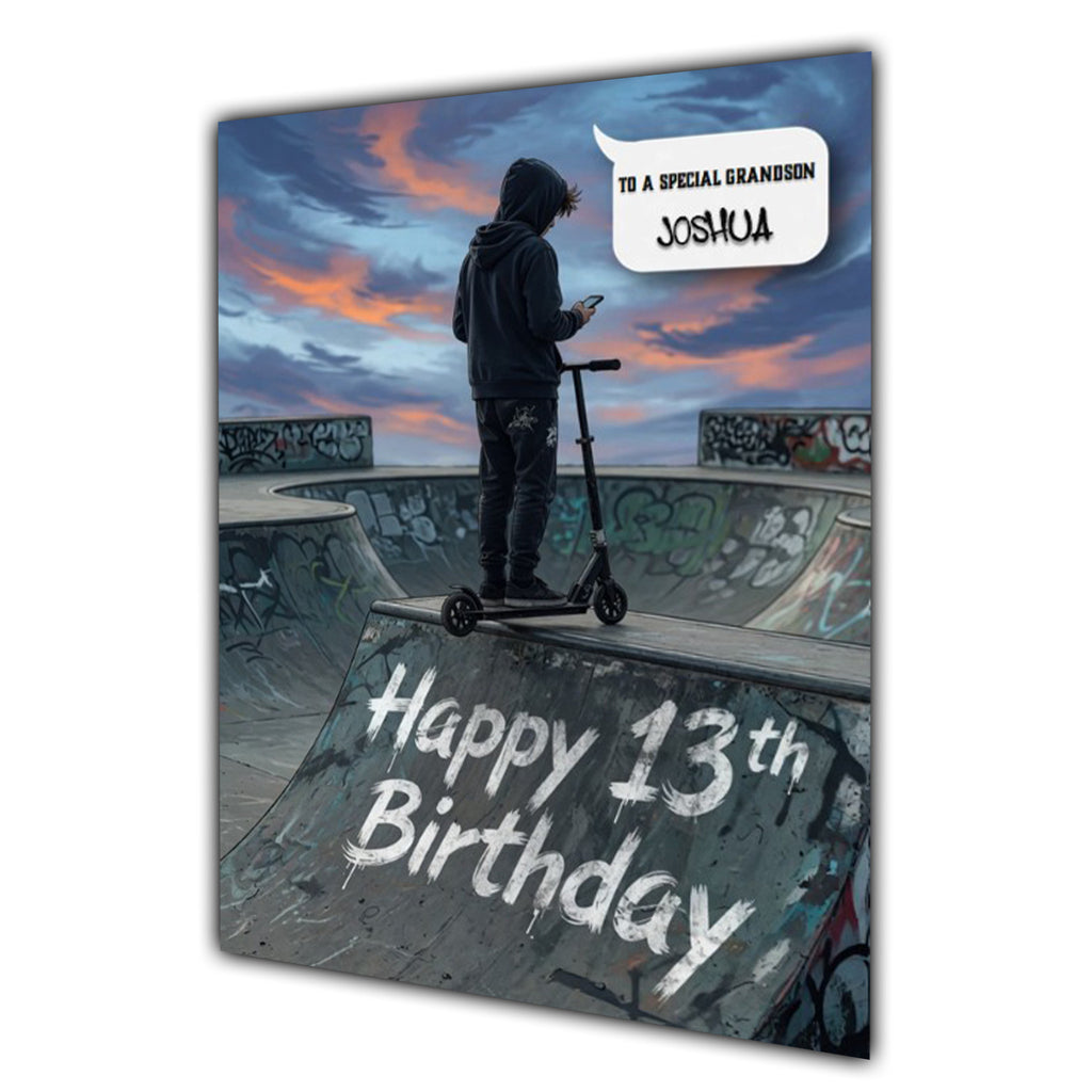 13th Birthday Card for Boys Personalised, Son, Grandson, Scooter,  A5 Size