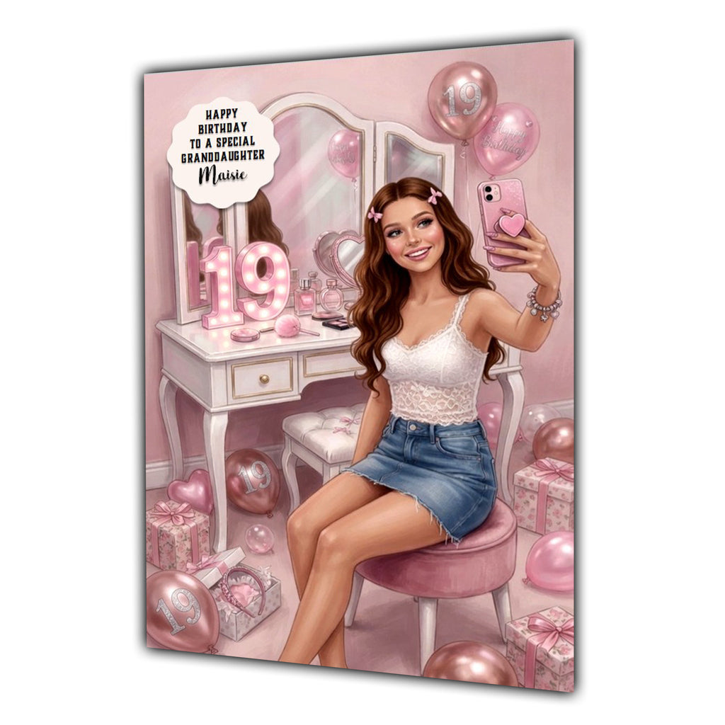Personalised 19th Birthday Card - Girl at a Dressing Table - Brown Hair
