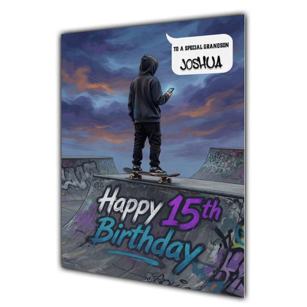 15th Birthday Card Boys Personalised, Son, Grandson, Skateboard,  A5 Size