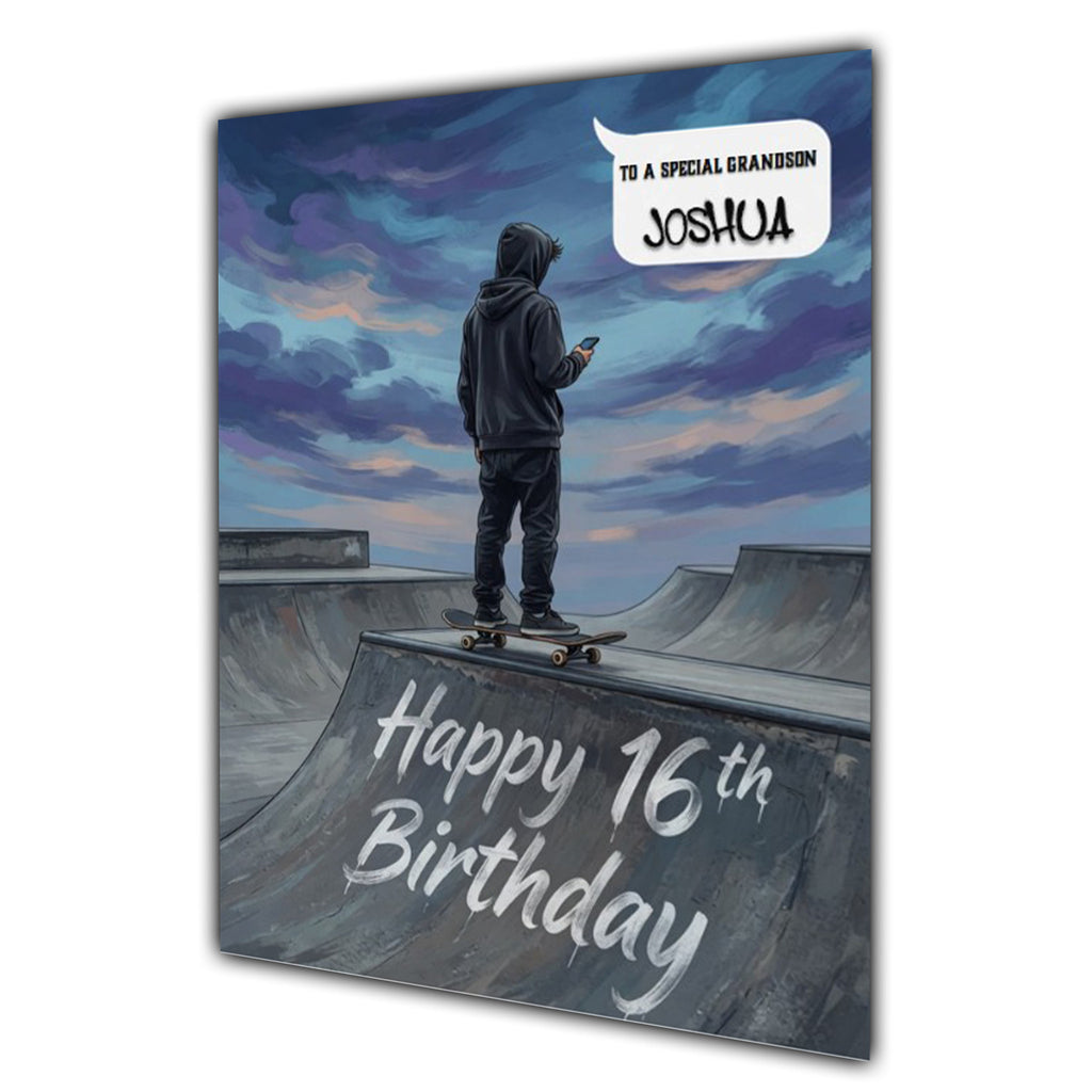 16th Birthday Card Boys Personalised, Son, Grandson, Skateboard,  A5 Size