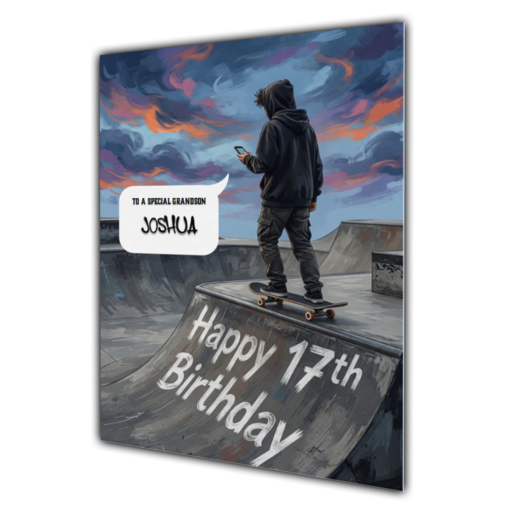 17th Birthday Card Boys Personalised, Son, Grandson, Skateboard,  A5 Size