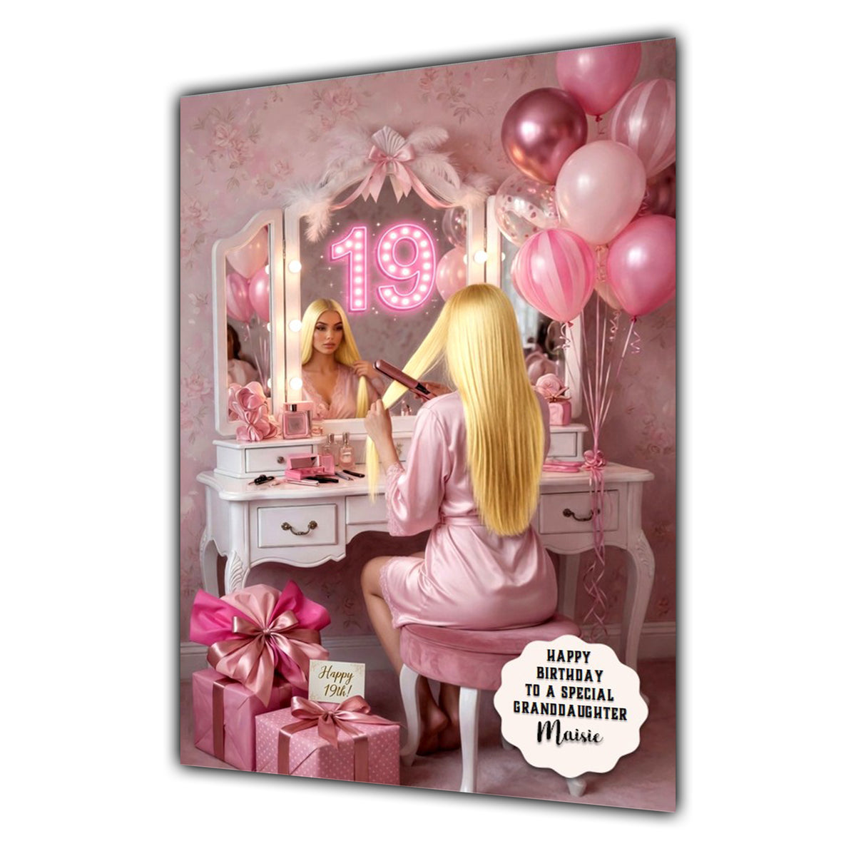 Personalised 19th Birthday Card - Girl at a Dressing Table - Blonde Hair