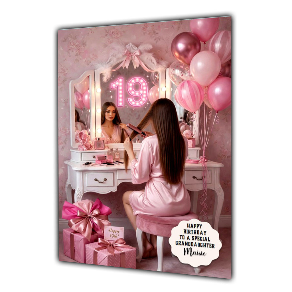 Personalised 19th Birthday Card - Girl at a Dressing Table - Brown Hair