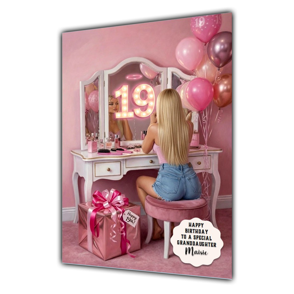 Personalised 19th Birthday Card - Girl at a Dressing Table - Blonde Hair