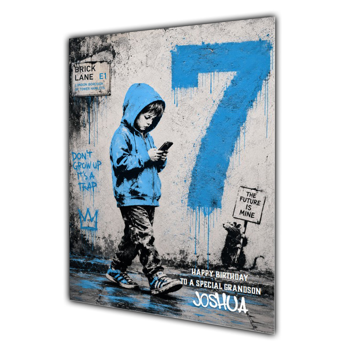 Personalised 7th Birthday Card - Boy Using a Phone - Blue Graffiti Style