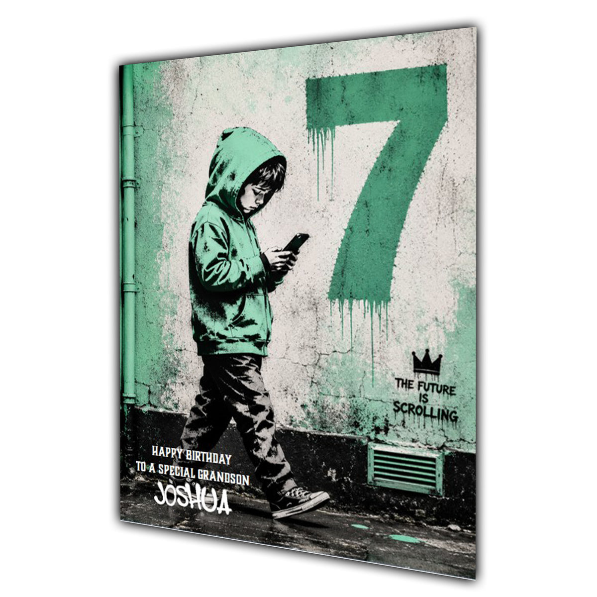 Personalised 7th Birthday Card - Boy Using a Phone - Green Graffiti Style