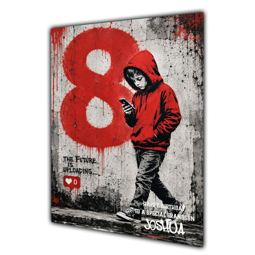 Personalised 8th Birthday Card - Boy Using a Phone - Red Graffiti Style