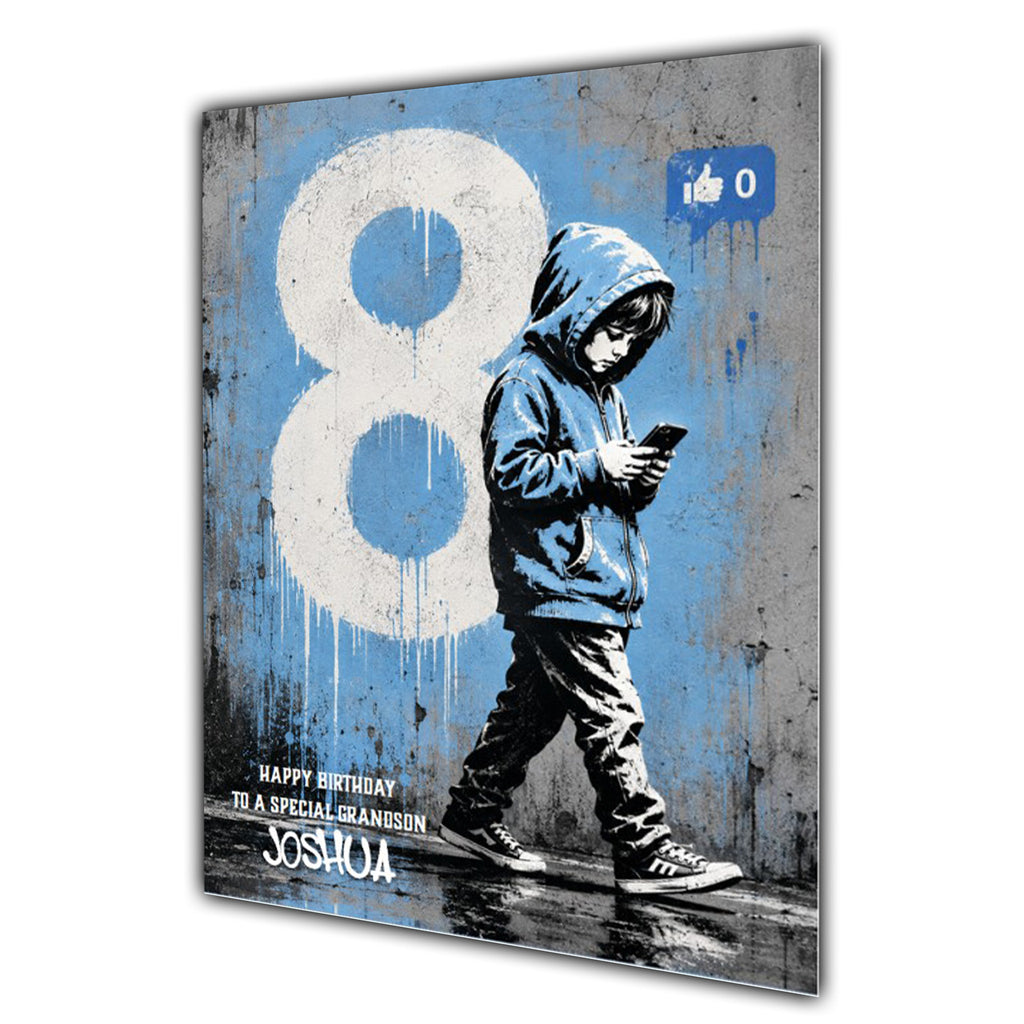 Personalised 8th Birthday Card - Boy Using a Phone - Blue Graffiti Style