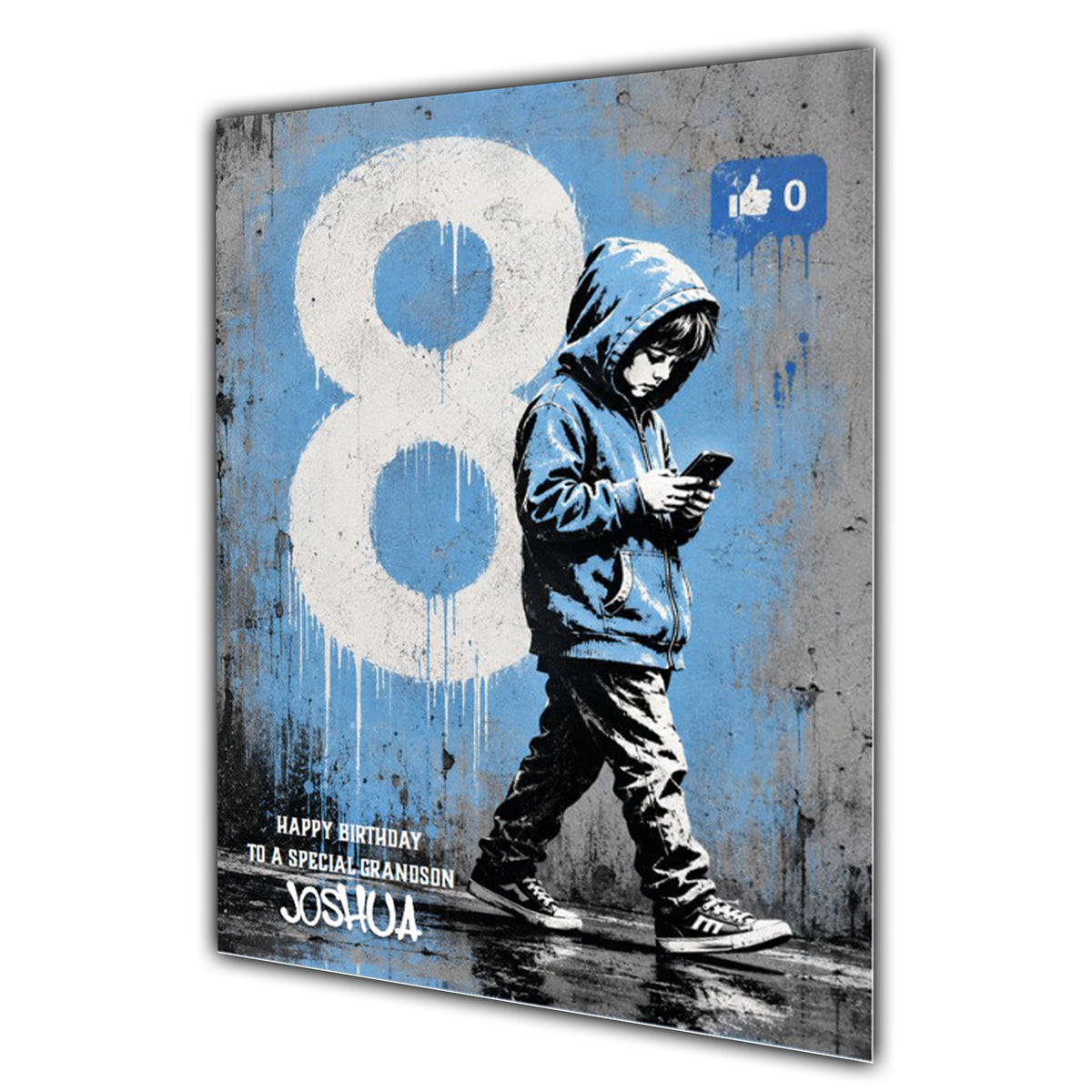 Personalised 8th Birthday Card - Boy Using a Phone - Blue Graffiti Style