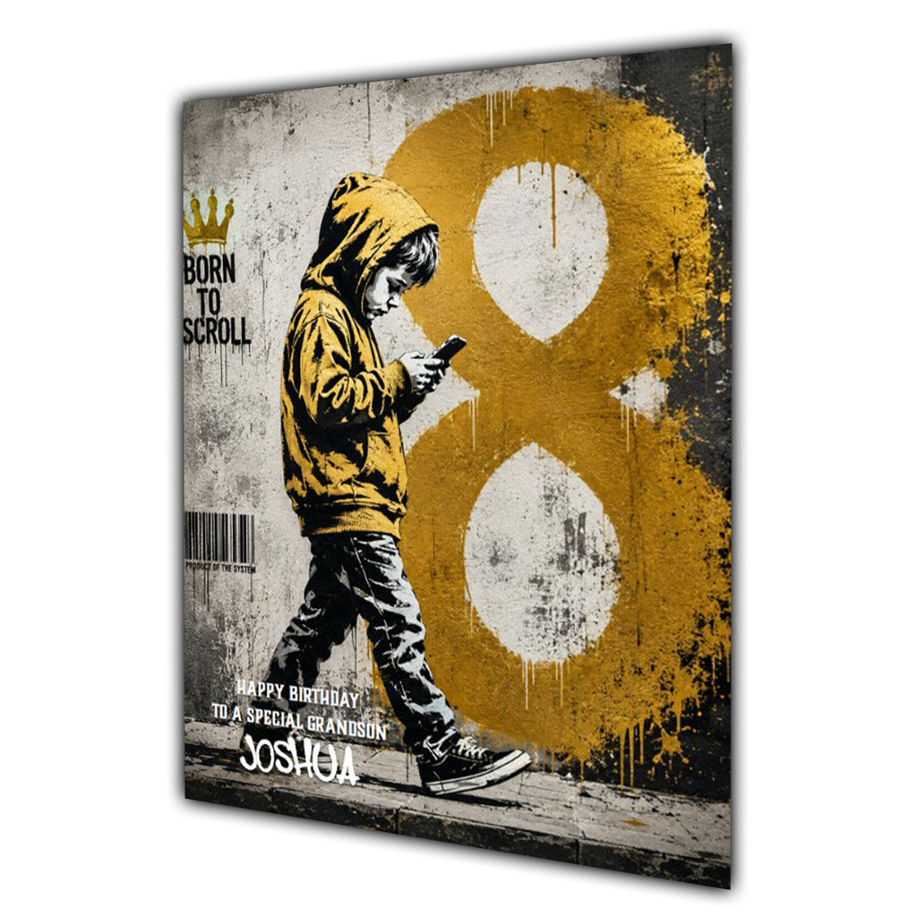 Personalised 8th Birthday Card - Boy Using a Phone - Yellow Graffiti Style