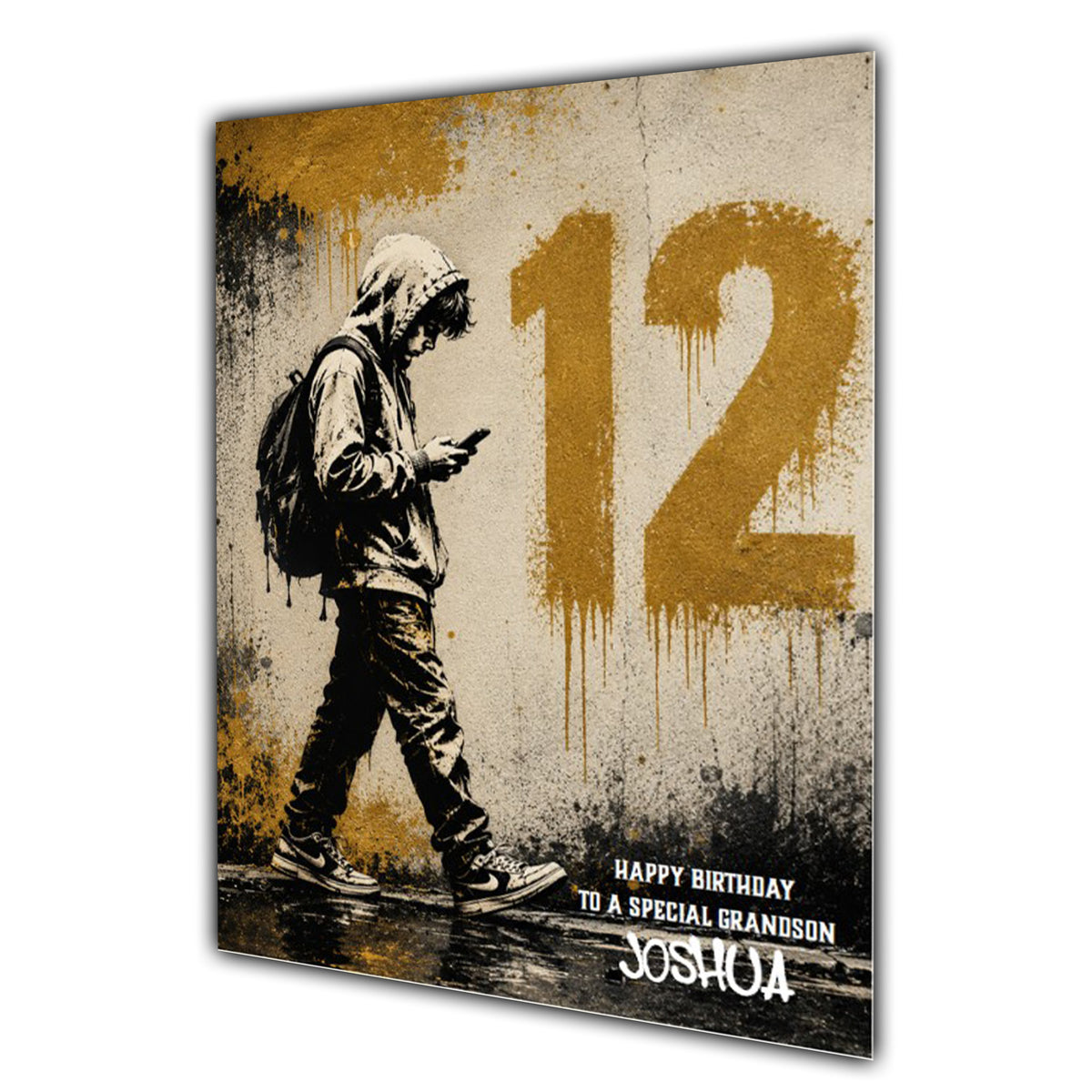 Personalised 12th Birthday Card - Boy Using a Phone - Yellow Graffiti Style