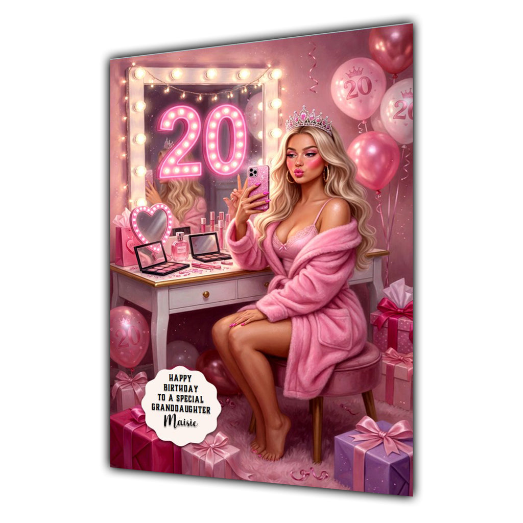 Personalised 20th Birthday Card - Girl at a Dressing Table - Blonde Hair