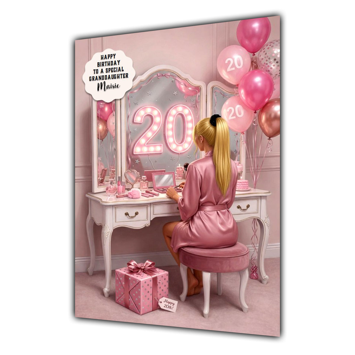 Personalised 20th Birthday Card - Girl at a Dressing Table - Blonde Hair
