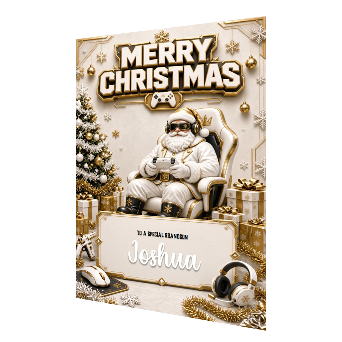 Personalised Christmas Card - Santa Gaming in White and Gold