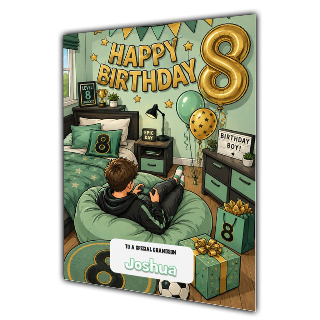 8th Birthday Card for Boys Personalised, Son, Grandson, Nephew,  A5 Size