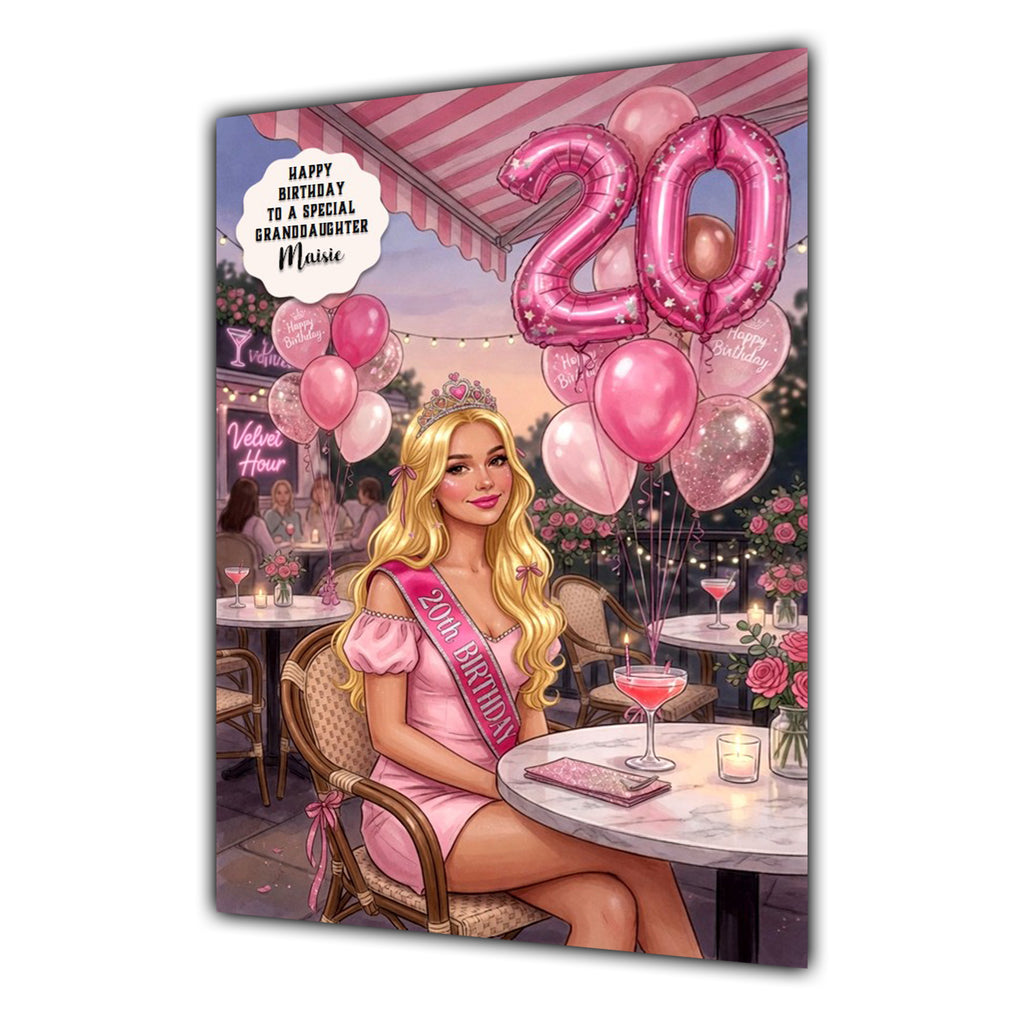 Personalised 20th Birthday Card - Woman Celebrating at a Cafe - Blonde Hair