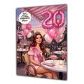 Personalised 20th Birthday Card - Woman Celebrating at a Cafe - Brown Hair