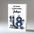 Personalised 18th Birthday Card - Navy and Silver Number, Balloons and Presents