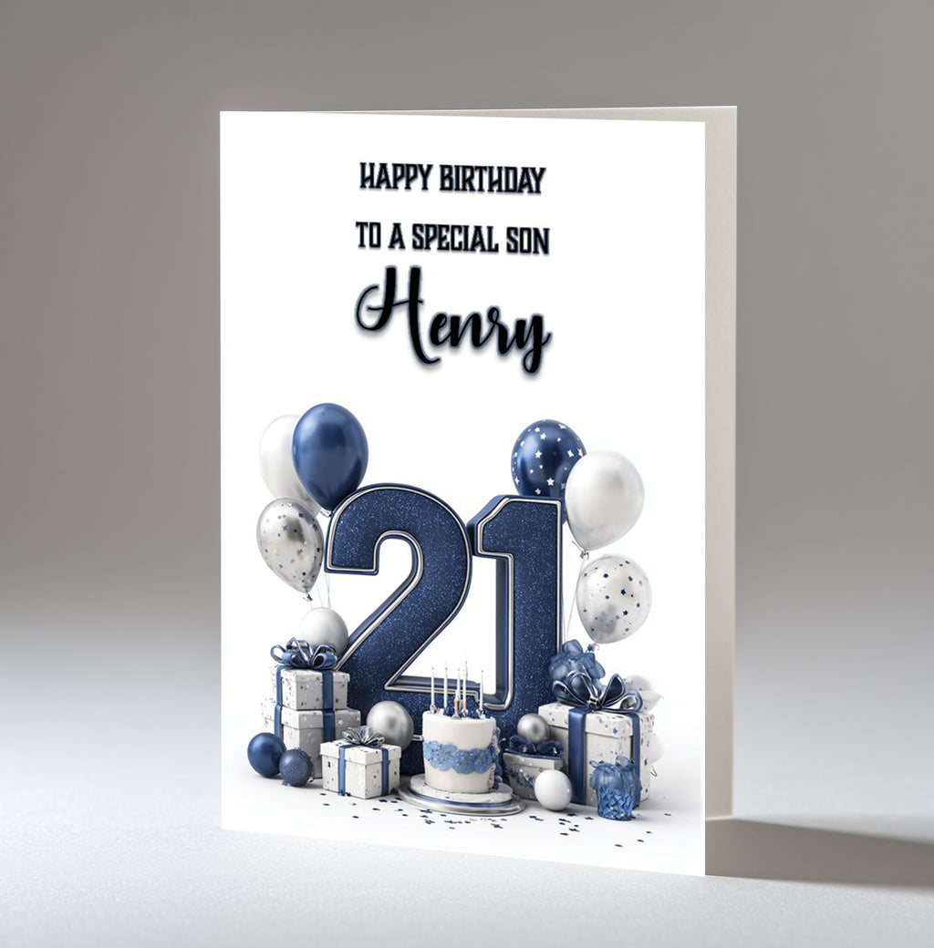 Personalised 21st Birthday Card - Navy and Silver Number, Balloons and Presents