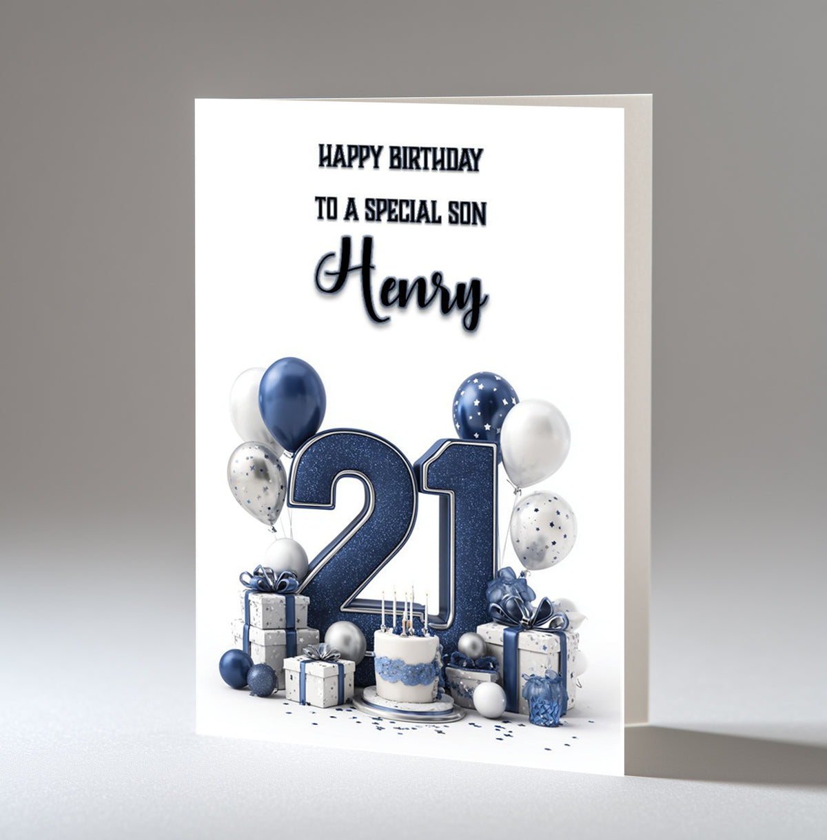 Personalised 21st Birthday Card - Navy and Silver Number, Balloons and Presents