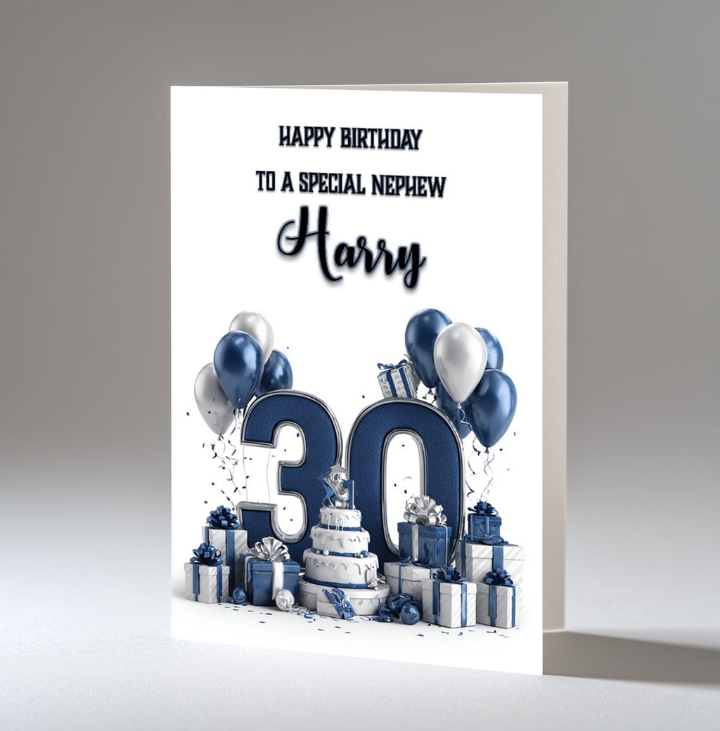 Personalised 30th Birthday Card - Navy and Silver Number, Balloons and Presents