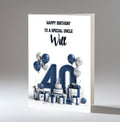Personalised 40th Birthday Card - Navy and Silver Number, Balloons and Presents