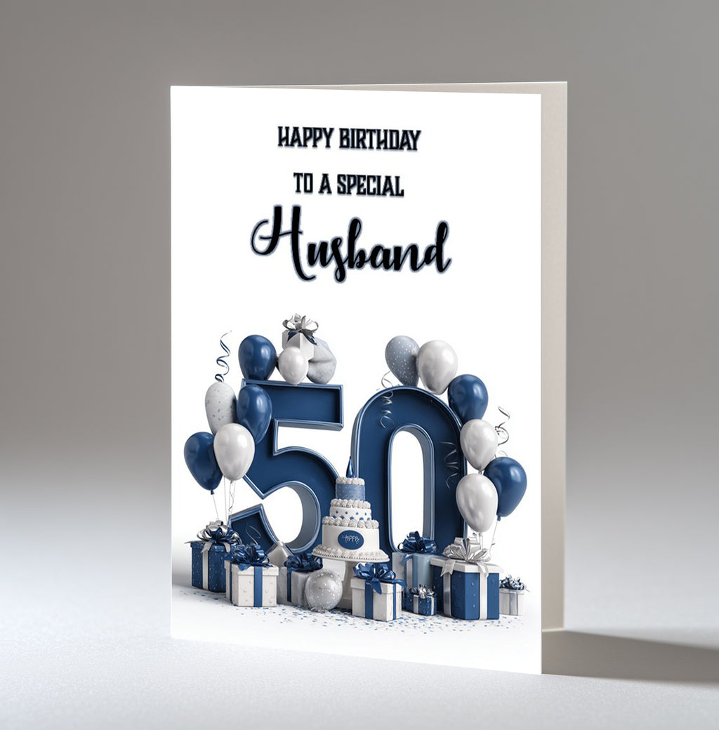 Personalised 50th Birthday Card - Navy and Silver Number, Balloons and Presents