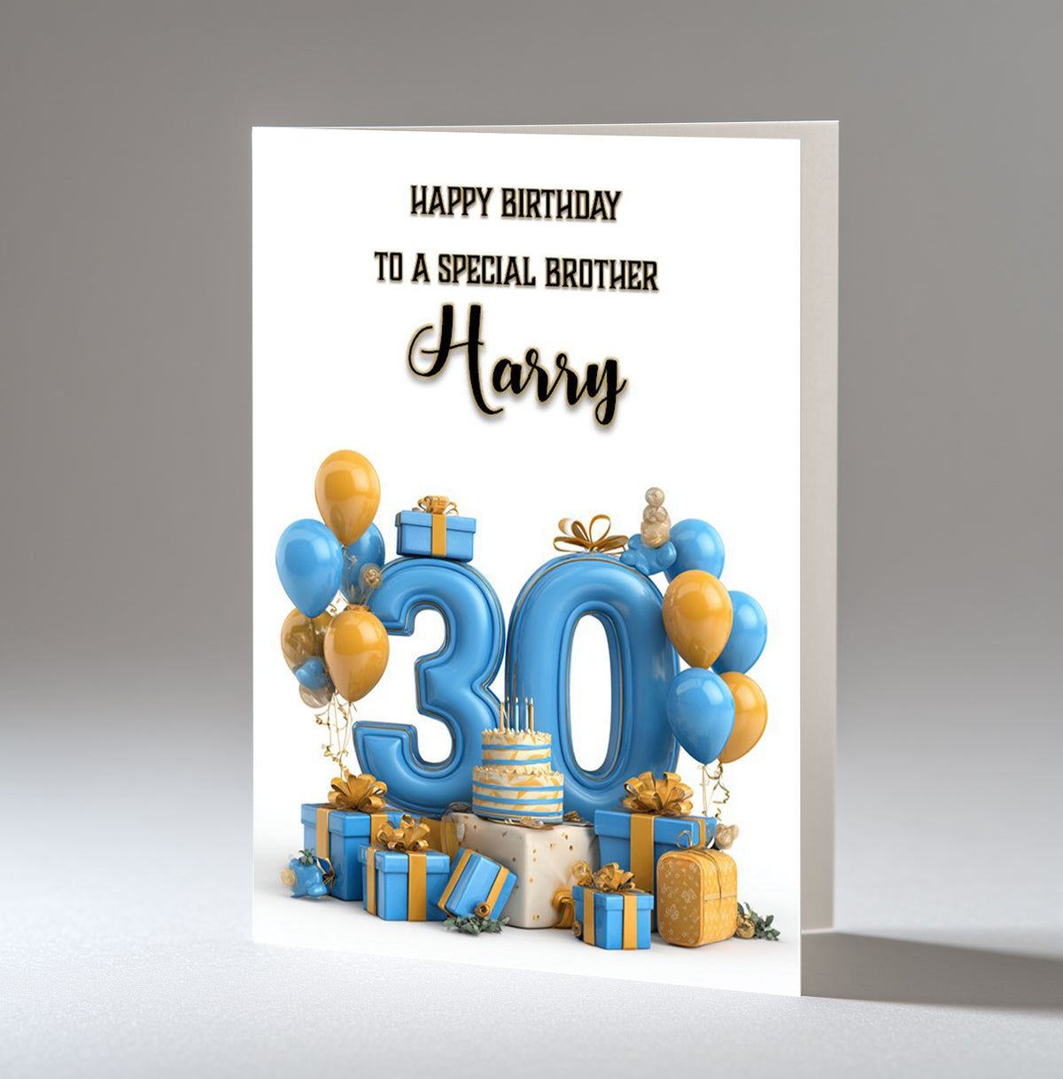 Personalised 30th Birthday Card - Blue and Gold Number, Balloons and Presents