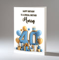Personalised 40th Birthday Card - Blue and Gold Number, Balloons and Presents