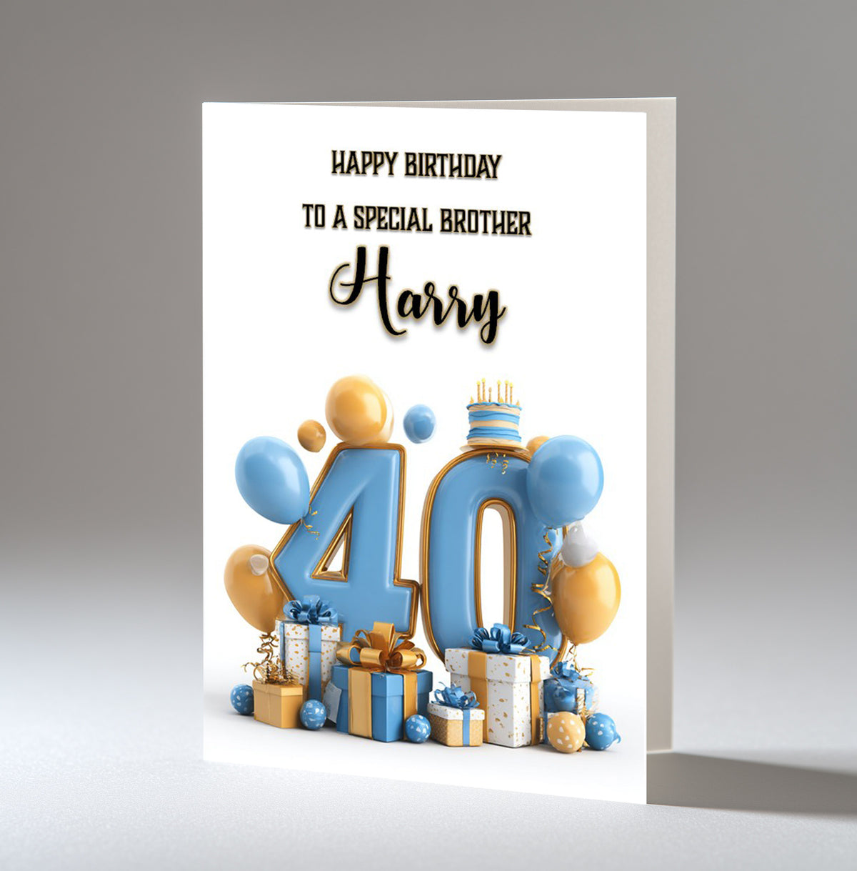 Personalised 40th Birthday Card - Blue and Gold Number, Balloons and Presents
