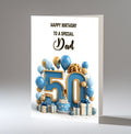 Personalised 50th Birthday Card - Blue and Gold Number, Balloons and Presents