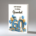 Personalised 60th Birthday Card - Blue and Gold Number, Balloons and Presents
