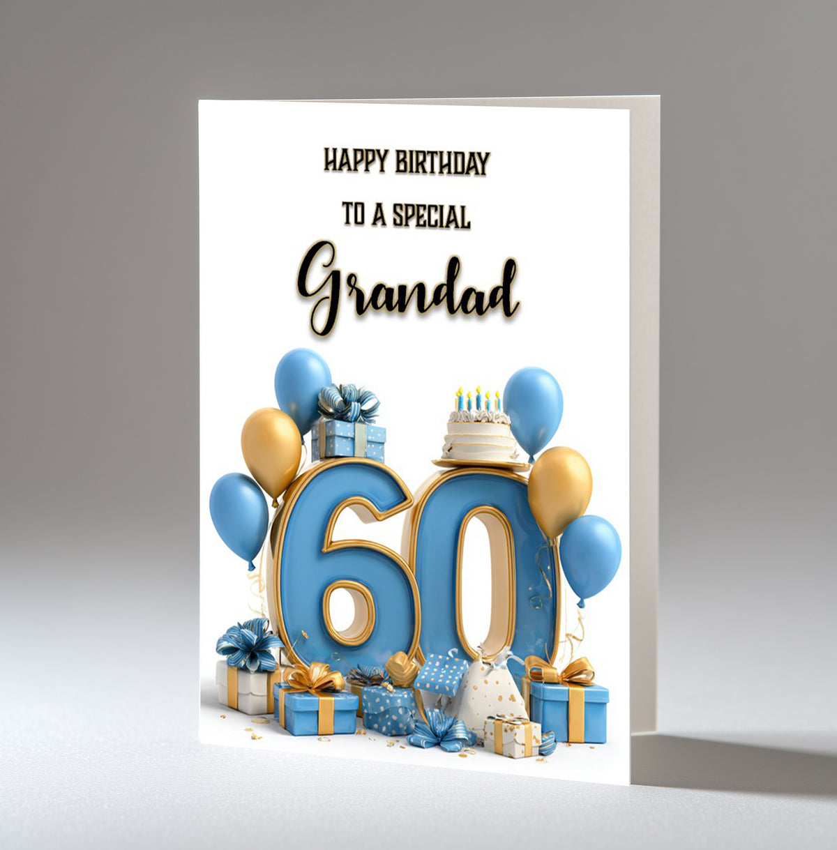 Personalised 60th Birthday Card - Blue and Gold Number, Balloons and Presents