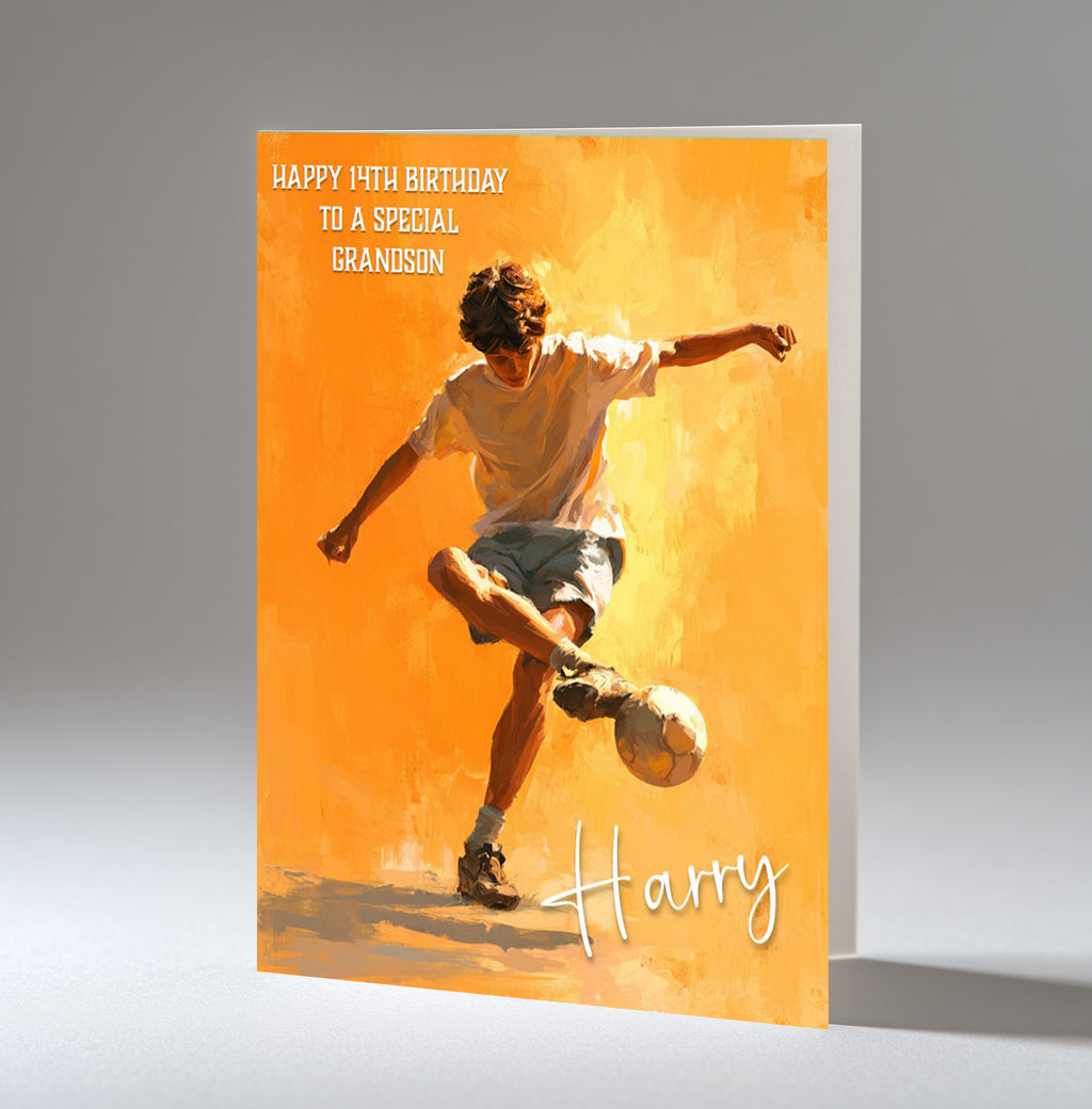 Personalised 14th Birthday Card - Boy Playing Football