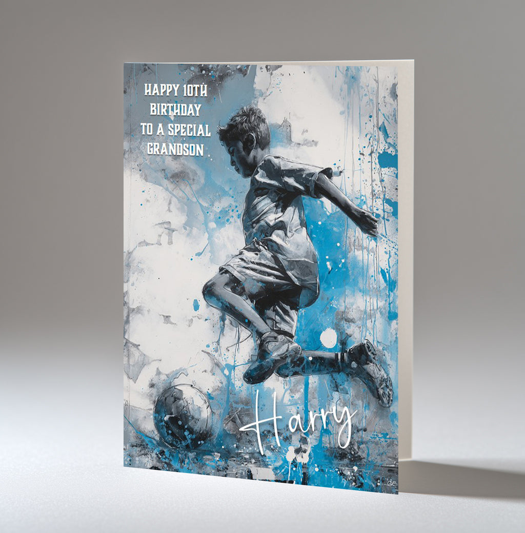 Personalised 10th Birthday Card - Boy Playing Football
