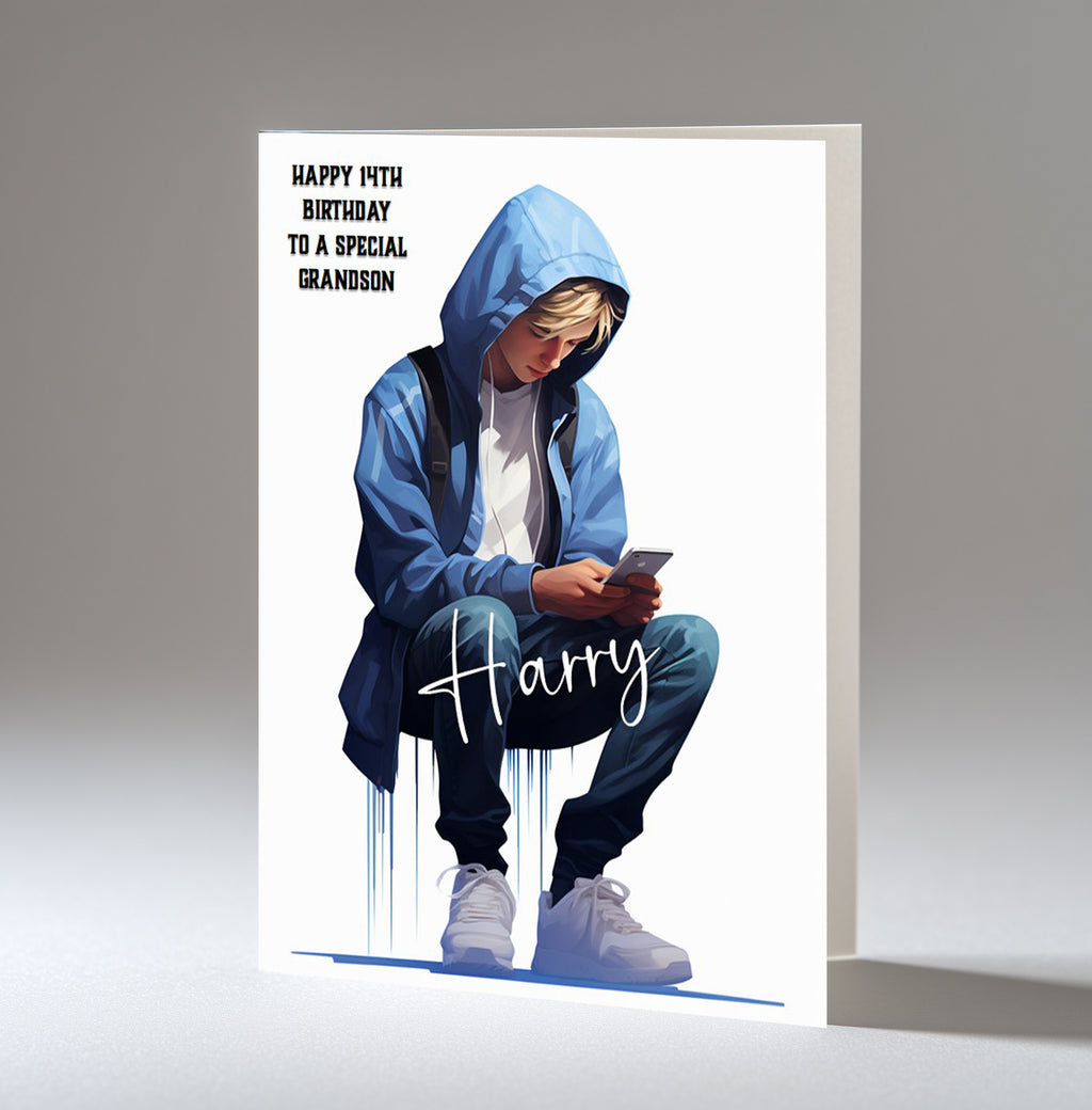 Personalised 14th Birthday Card - Boy Using a Phone