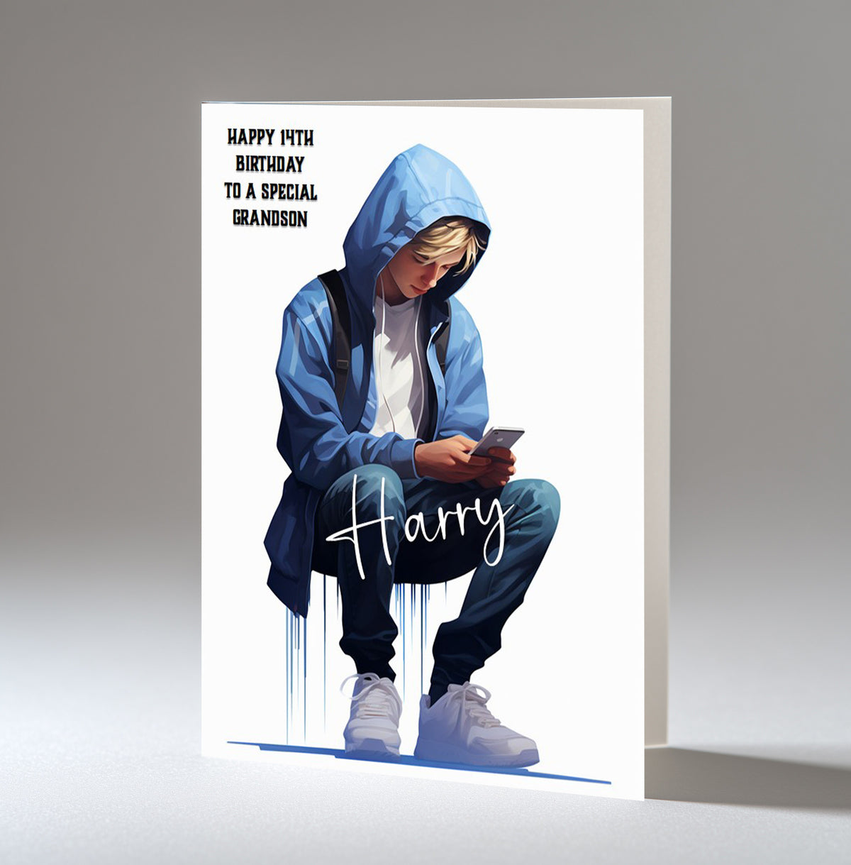 Personalised 14th Birthday Card - Boy Using a Phone