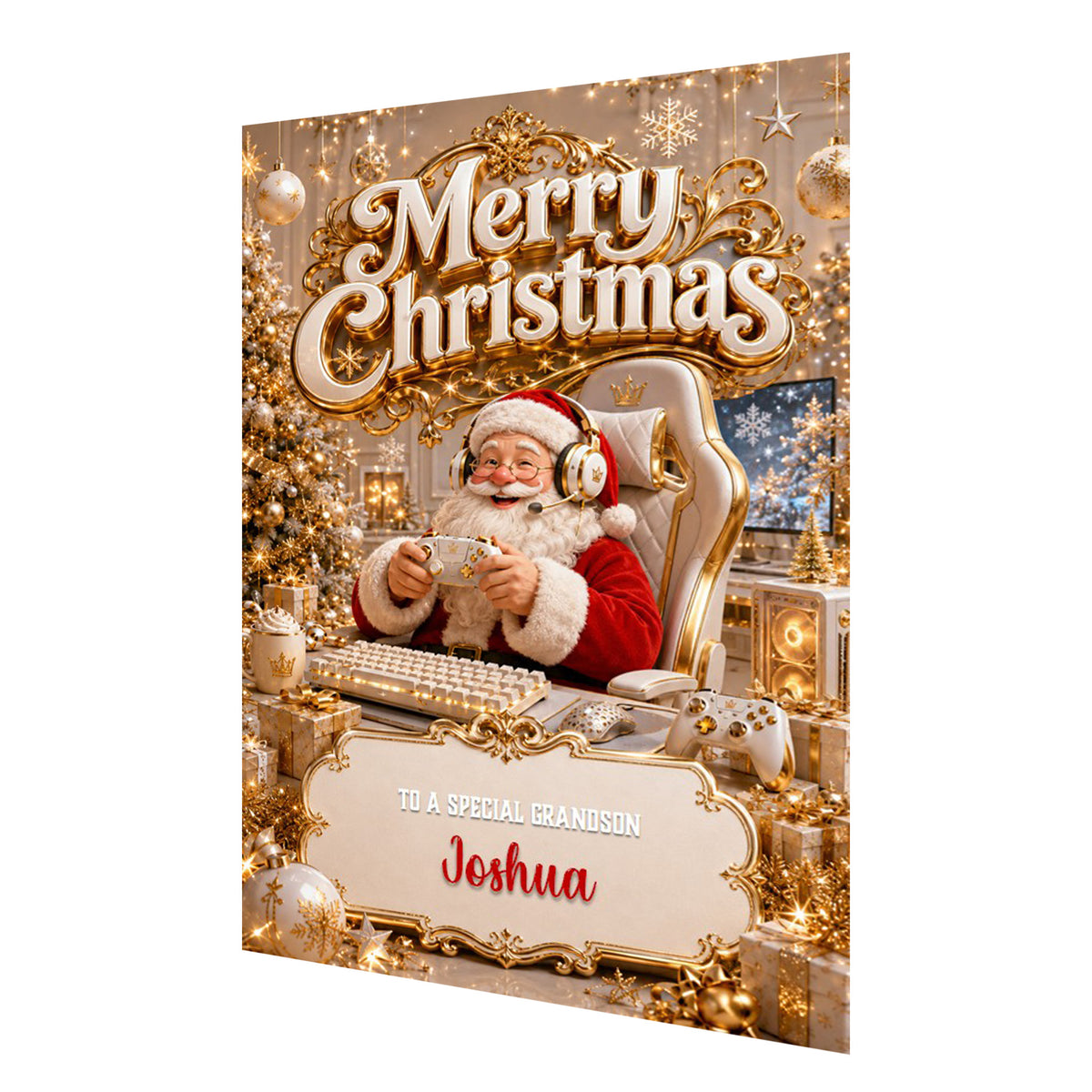 Personalised Christmas Card - Santa Gaming in Gold