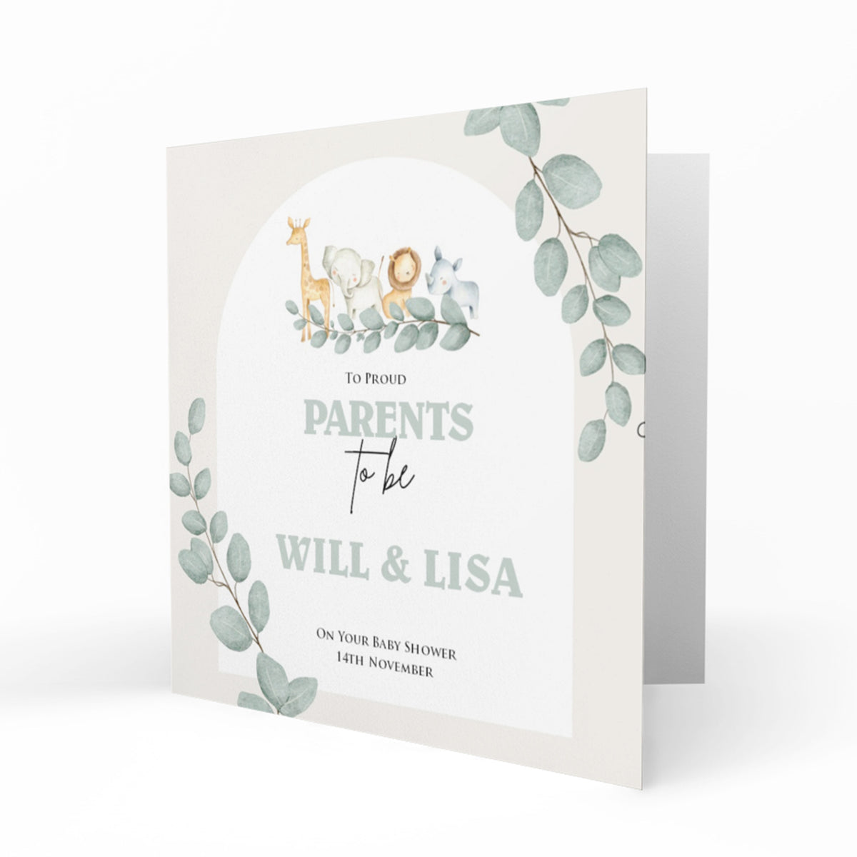 Personalised Baby Shower Card - Safari Animals and Eucalyptus