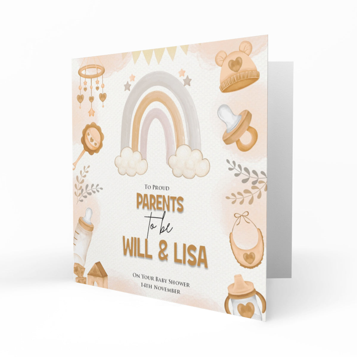 Personalised Baby Shower Card - Neutral Rainbow and Baby Accessories