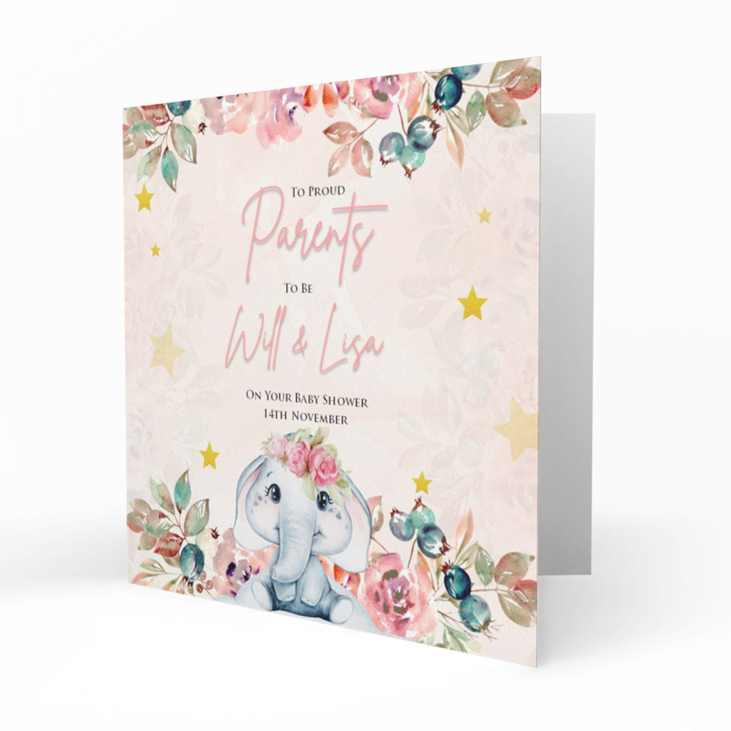Personalised Baby Shower Card - Elephant and Pink Flowers