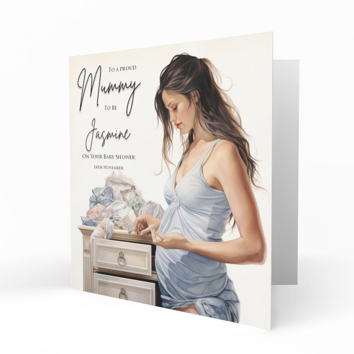 Personalised Baby Shower Card - Mum to Be Preparing Baby Clothes