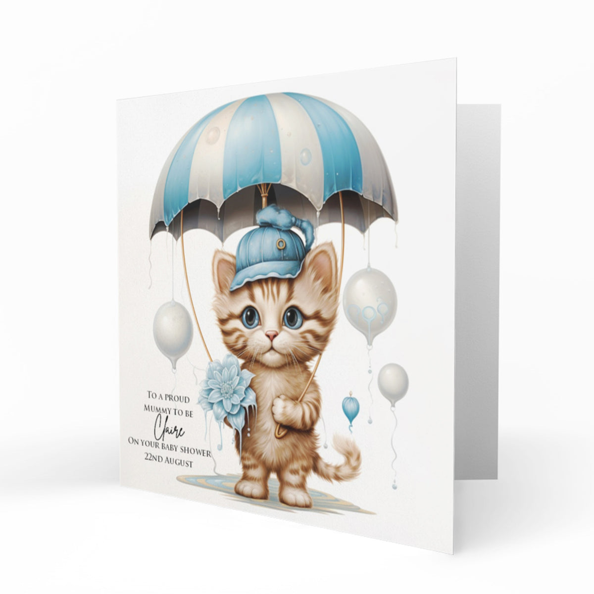 Personalised Baby Shower Card - Kitten under a Blue Umbrella