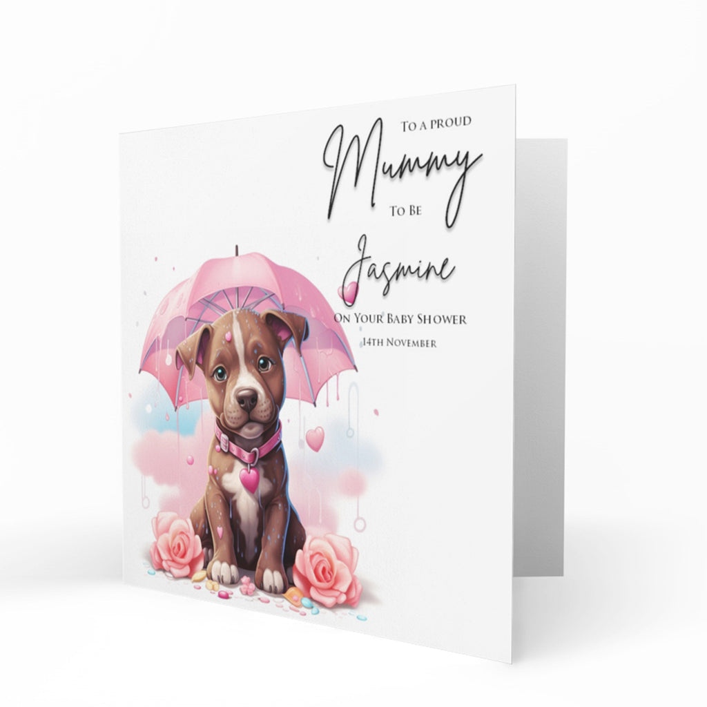 Personalised Baby Shower Card - Puppy under a Pink Umbrella